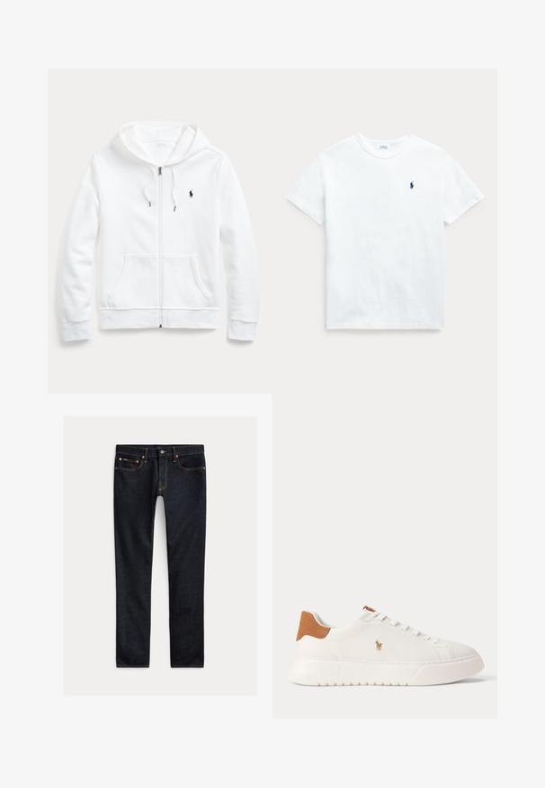 Hvid zip-up hoodie med snøre i hætten, frontlommer og et lille sort logo på venstre bryst. Blødt stof og afslappet pasform.; Hvid bomulds t-shirt med korte ærmer, rund hals og et lille marineblåt logo på venstre bryst. Glat tekstur og klassisk pasform.; Mørkeblå slim-fit jeans med fem lommer, knaplukning og kontrastsyning lagt fladt på en lys baggrund.; Hvid lavtop sneaker med tan hælfane, hvide snørebånd og lille broderet polo-spiller logo på siden over en tyk sål.