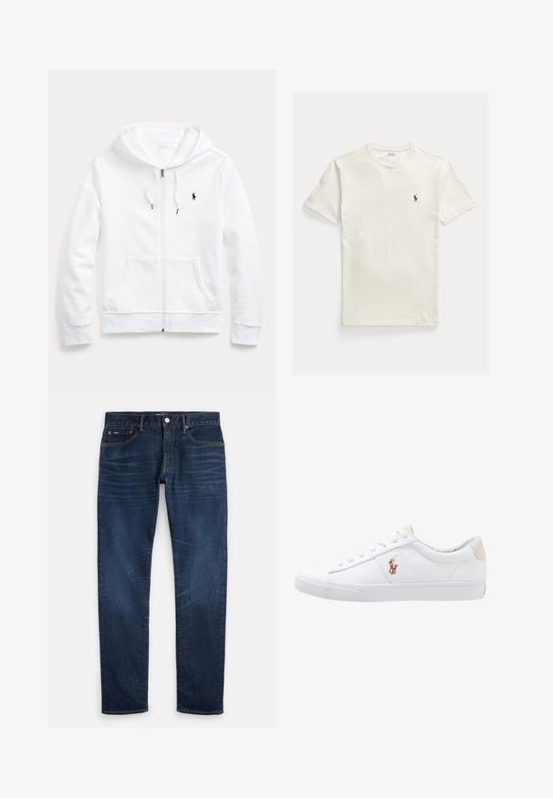 Hvid zip-up hoodie med snøre i hætten, frontlommer og et lille sort logo på venstre bryst. Blødt stof og afslappet pasform.; Enkel hvid T-shirt med korte ærmer og et lille broderet polospiller-logo på venstre bryst, lagt fladt på en lys baggrund.; Mørkeblå slim-fit jeans med subtil falmning på lårene, fem-lomme-design og knaplukning ved taljen.; Hvide kanvas sneakers med lågtop design, prydet med en beige hælkappe og et lille broderet logo på siden. Gummisål.