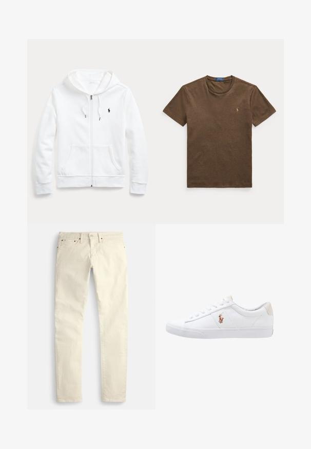 Witte rits-hoodie met een capuchon met trekkoord, voorzakken en een klein zwart logo op de linkerborst. Zachte stof en casual pasvorm.; Bruine korte mouwen T-shirt met ronde hals en klein geborduurd Polo Ralph Lauren-logo op de linkerborst.; Lichtbeige rechte broek van een gestructureerde stof. Voorzien van vijf zakken en bruine metalen accenten. Geen zichtbare patronen of versieringen.; Witte canvas sneakers met een laag ontwerp, featuring een beige hieltab en een klein geborduurd logo aan de zijkant. Rubber zool.