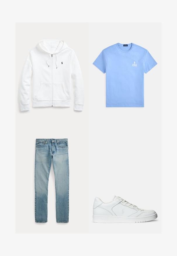 Hvid zip-up hoodie med snøre i hætten, frontlommer og et lille sort logo på venstre bryst. Blødt stof og afslappet pasform.; Lyseblå bomuldst-shirt med rund hals og korte ærmer. Har en hvid broderet logo på venstre brystområde.; Lyseblå straight-leg denimbukser med fem lommer, knaplukning og subtile falmede detaljer omkring lår og knæ.; Hvide lædersneakers med en glat tekstur, der har en perforeret tå, snørebåndslukning og broderet logo på siden. Hvid gummisål.