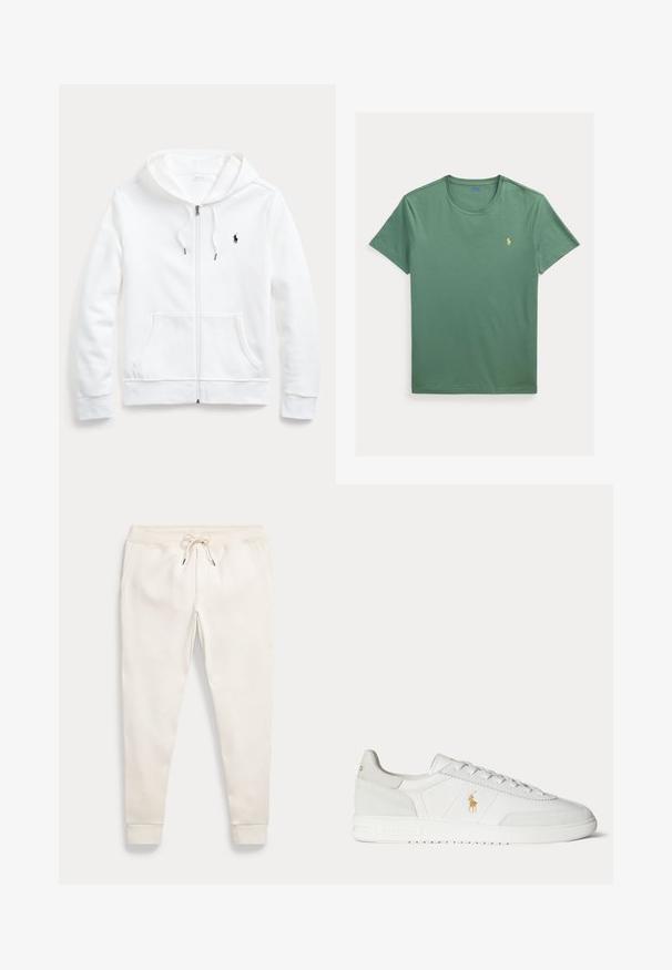 Weißer Zip-Hoodie mit Kordelzugkapuze, Taschen vorne und kleinem schwarzen Logo auf der linken Brust. Weicher Stoff und lässige Passform.; Grünes T-Shirt mit Rundhalsausschnitt und kurzen Ärmeln mit kleinem gelbem besticktem Polo Ralph Lauren-Logo auf der linken Brust.; Weiße Jogginghosen mit Kordelzug am Bund, seitlichen Taschen und Bündchen an den Knöcheln, flach auf einem weißen Hintergrund ausgelegt.; Weißer Sneaker in niedriger Ausführung mit Schnürdesign, goldenem Polo Ralph Lauren Logo an der Seite und strukturierter Sohle auf einfarbigem Hintergrund.