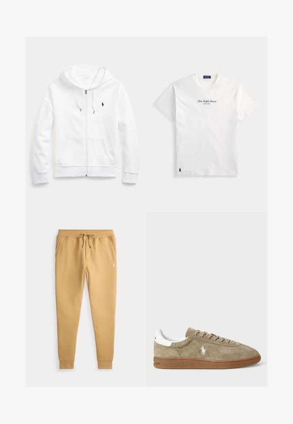 Hvid zip-up hoodie med snøre i hætten, frontlommer og et lille sort logo på venstre bryst. Blødt stof og afslappet pasform.; Hvid Polo Ralph Lauren t-shirt med korte ærmer med teksten "Polo Ralph Lauren New York" på brystet og lille sort logo nær bundkanten.; Beige joggerbukser med snor i taljen, sidelommer, ribbede afslutninger og et lille hvidt logo på højre lår.; Suedesneakers i tan med hvide detaljer, rund tå og snørebåndsdesign. Har præget logo og gummisål for bedre greb.