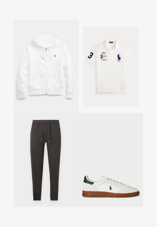 Witte rits-hoodie met een capuchon met trekkoord, voorzakken en een klein zwart logo op de linkerborst. Zachte stof en casual pasvorm.; Wit poloshirt met donkerblauw nummer 3 op de mouw, donkerblauw polospeler-logo op de borst en jachtclub- en marine-tour-patches aan de voorkant.; Donkergrijze sweatpants gemaakt van zacht materiaal, met een elastische tailleband en trekkoorden, taps toelopende pijpen en boorden bij de enkels.; Witte leren sneaker met groene hielaccent, textuur van suède panel, rubberen zool en geborduurd logo op de zijkant. Voorzien van een vetersluiting.