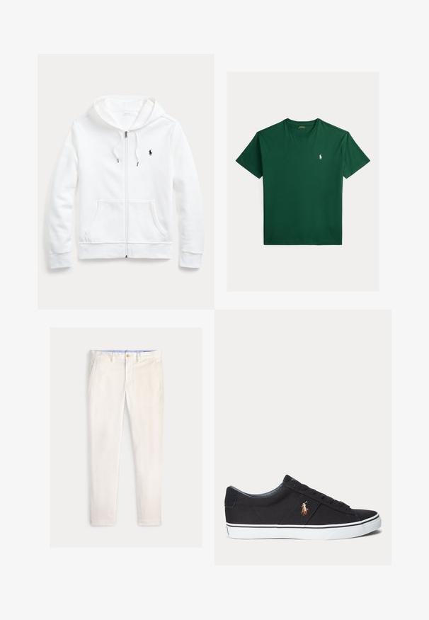 Biela mikina na zips s kapucňou so šnúrkou, prednými vreckami a malým čiernym logom na ľavom prsníku. Mäkko látkový materiál a ležérny strih.; Tmavozelené tričko s krátkym rukávom a guľatým výstrihom s malým bielym vyšívaným logom hráča póla na ľavej strane hrudníka.; Pánske štíhle nohavice slonovinovej farby s prednými vreckami, pútkami na opasok a zapínaním na gombík na jednofarebnom pozadí.; Čierna nízka teniska s bielou gumovou podrážkou a vyšívaným hnedým logom koňa na boku.