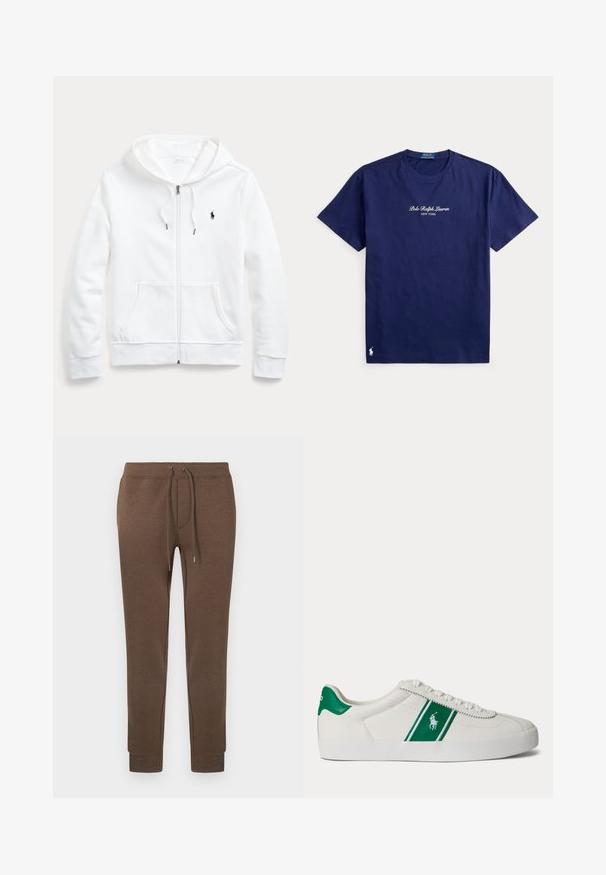 Witte rits-hoodie met een capuchon met trekkoord, voorzakken en een klein zwart logo op de linkerborst. Zachte stof en casual pasvorm.; Marineblauw T-shirt met korte mouwen en ronde hals met witte tekst "Polo Ralph Lauren New York" op de borst en klein polospelerlogo nabij de zoom.; Bruine trainingsbroek van zacht, rekbaar materiaal met een elastische tailleband, trekkoord en geribbelde boorden. Klein logo linksboven.; Witte lage sneaker met groene streep en Polo-logo aan de zijkant, groene hieltab en witte veters, vanaf de linkerkant getoond op een effen achtergrond.