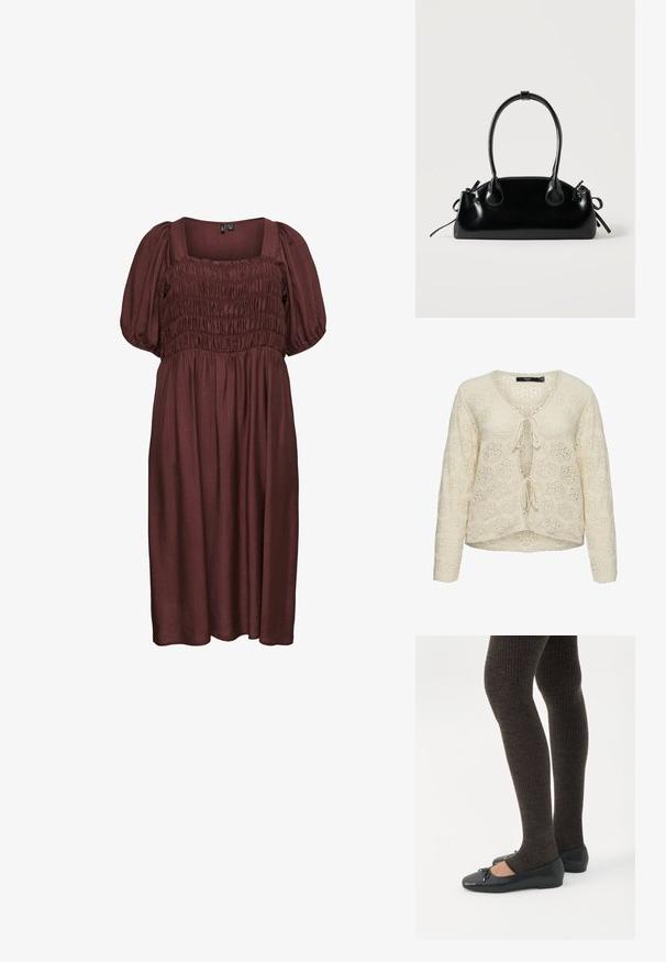 Kremfarvet strikket cardigan med lange ærmer, blomsterblonde mønster og to bindelukninger foran.; Brun midi kjole med pufærmer, firkantet udskæring og rynket korsetdetalje.; Ben iført mørke ribbede leggings kombineret med sorte balletsko med små sløjfedetaljer på hvid baggrund.; Lille sort blank håndtaske med to lange håndtag og snøre-detaljer i siden på en ensfarvet lys baggrund.