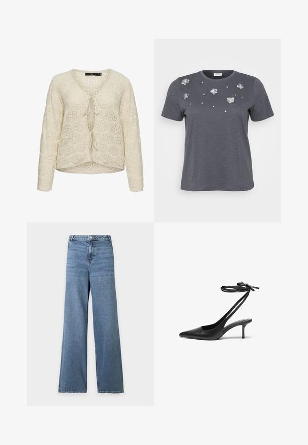 Kremfarvet strikket cardigan med lange ærmer, blomsterblonde mønster og to bindelukninger foran.; Grå bomulds T-shirt med korte ærmer, prydet med metallic blomsterapplikationer og palietter arrangeret på forsiden. Blød tekstur, afslappet pasform.; Blå højtaljede jeans med vide ben, forrest med knap- og lynlåslukning samt klassisk fem-lomme-design på ensfarvet baggrund.; Sorte læder stiletto sko med spids tå, åben bag, og ankelstropper bundet i en sløjfe. Slank 3-tommers hæl. Glat overflade, minimalistisk design.