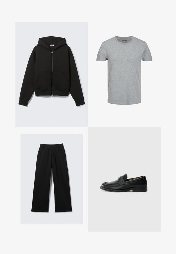 Sweat à capuche zippé noir avec capuche fixée et poches kangourou devant, posé à plat sur un fond clair.; T-shirt gris à manches courtes en coton doux. Doté d'un col ras du cou classique et d'une coupe régulière. Design simple sans motifs ni accents.; Pantalon noir à jambes larges avec une taille élastique, deux poches latérales et une texture lisse. Conçu pour le confort et la liberté de mouvement.; Mocassins en cuir noir avec une finition lisse, dotés d'une bande supérieure texturée, d'un talon bas et de détails de couture minimalistes.