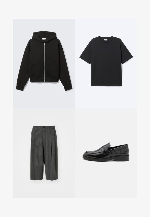 Sweat à capuche zippé noir avec capuche fixée et poches kangourou devant, posé à plat sur un fond clair.; T-shirt noir à manches courtes avec col rond, coupe décontractée, vue de face, design uni et étiquette de la marque Weekday visible à l’intérieur du col.; Shorts larges à rayures gris avec fermeture à bouton et plissé à l'avant. Fabriqués à partir d'un tissu texturé, présentant un design ajusté.; Mocassins en cuir noir avec une finition lisse, un bout rond, un petit talon et descoutures décoratives à l'avant. Semelle en caoutchouc pour l'adhérence.