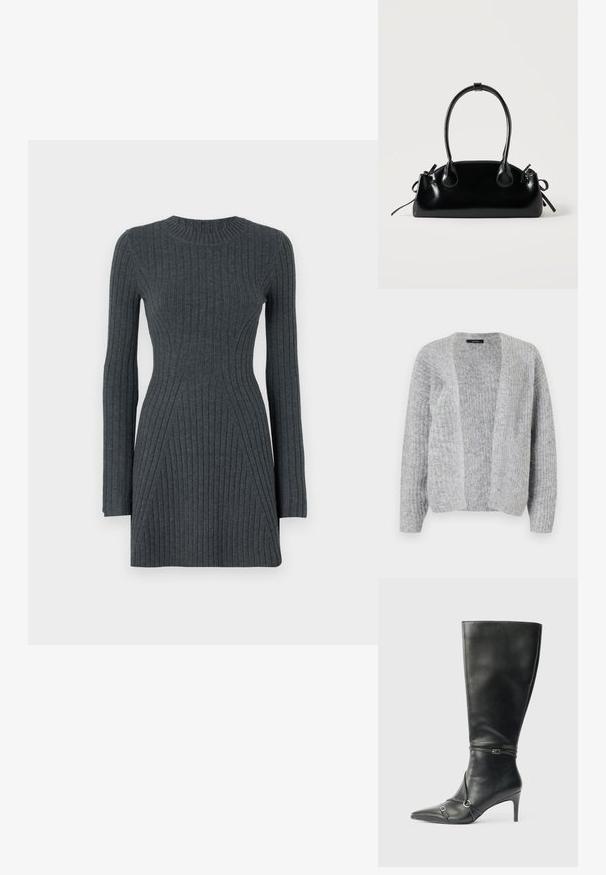 Vero Moda VMNOVAH - Cardigan - medium grey; Mørkegrå ribstrikket kjole med lange ærmer, tætsiddende silhuet, rund halsudskæring og skrå sømme, der fremhæver formen.; Sorte knæhøje støvler i læder med en slank hæl, spids tå og remdetaljer ved anklen. Glat tekstur og tætsiddende design.; Lille sort blank håndtaske med to lange håndtag og snøre-detaljer i siden på en ensfarvet lys baggrund.