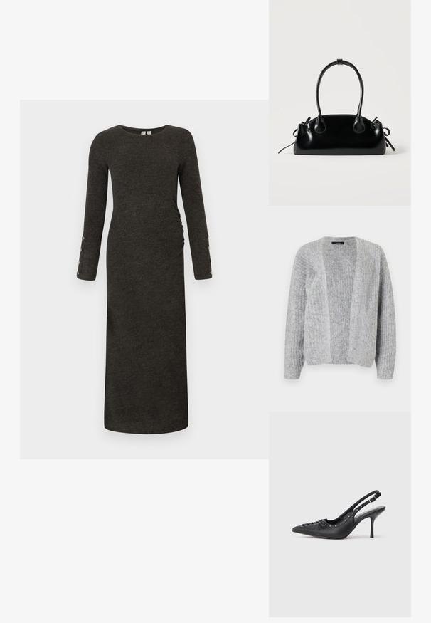 Vero Moda VMNOVAH - Neuletakki - medium grey; Pitkähihainen, tummanharmaa ribbimekko, jossa on tiukka siluetti ja sivuruuska. Kuvioissa on nappikoristelu hihansuiden kohdalla, pehmeä pinta.; Musta nahkainen slingback-korkokenkä, jossa on teräväkärkinen muotoilu, sivun solkikiinnitys, niittejä reunoilla ja koristeellinen nyöri edessä.; Pieni musta kiiltävä käsilaukku, jossa on kaksi pitkää kantokahvaa ja sivulla nyöritys yksityiskohtia yksinkertaisella vaalealla taustalla.
