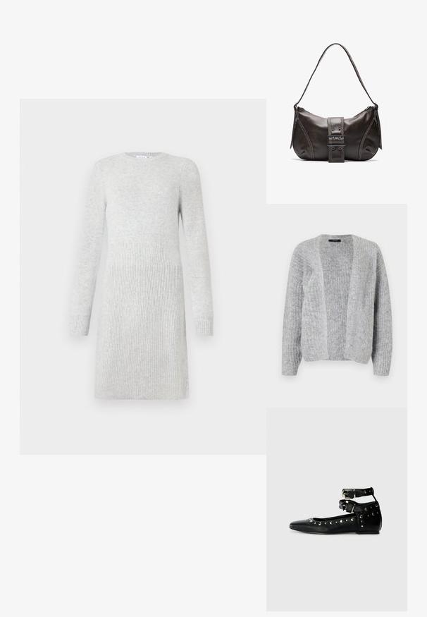 Vero Moda VMNOVAH - Strickjacke - medium grey; Hellgraues, gestricktes Kleid mit langen Ärmeln und geripptem Muster im unteren Teil, tailliert und mit Rundhalsausschnitt.; Replay SABINE DOUBLE - Klassischer Ballerina - black; Braune Lederumhängetasche mit gebogener Form, die mit einem auffälligen Schnallendetail, kontrastierenden Nähten und einem einzigen Schulterriemen ausgestattet ist.