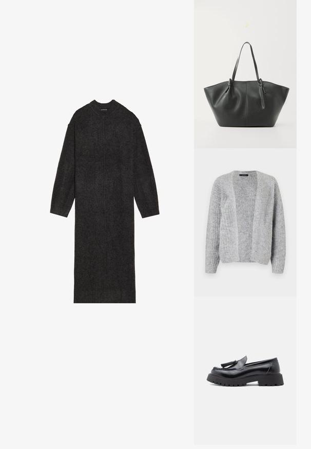 Vero Moda VMNOVAH - Kardigan - medium grey; Pikk, tumehall kudumkleit, mis on valmistatud pehmest villast, ringkaeluse ja pikkade varrukatega, sirge lõike ja minimaalsete detailidega.; Mustad nahast mokassiinid kitseneva disainiga, tuti kaunistuse ja robustse kummist tallaga, millel on haardumise parandamiseks turvise muster.; Vero Moda VMDITTA - Kandekott - black