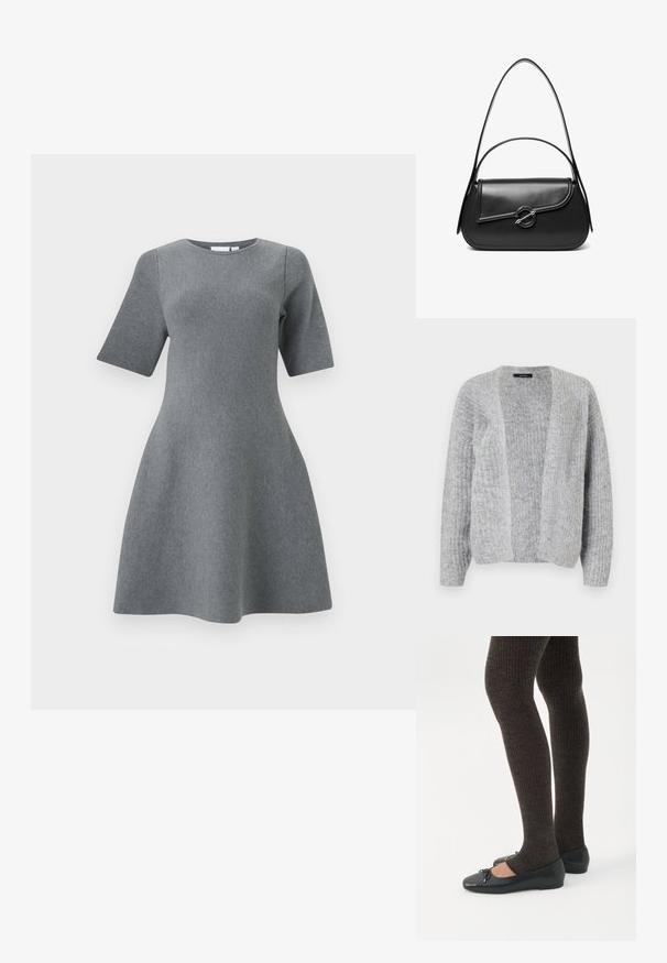 Vero Moda VMNOVAH - Cardigan - medium grey; Grå A-linje kjole med korte ærmer, rund halsudskæring og tekstureret strikket stof, designet til en tætsiddende overkrop og en udvidet nederdel.; Ben iført mørke ribbede leggings kombineret med sorte balletsko med små sløjfedetaljer på hvid baggrund.; Sort skuldertaske i læder med en buet klap, der er fastgjort med en rund metal spænde, og en slank, justerbar rem.