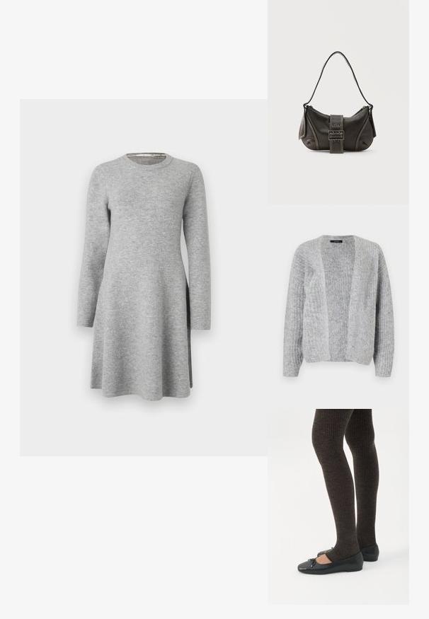 Vero Moda VMNOVAH - Cardigan - medium grey; Grå langærmet kjole lavet af blødt stof; har en rund halsudskæring og en afslappet pasform, der flarer let ved kanten med sideslids.; Ben iført mørke ribbede leggings kombineret med sorte balletsko med små sløjfedetaljer på hvid baggrund.; Sort læder skuldertaske med spænde på remmen, afrundede kanter og kontrasterende hvide syninger på en ensfarvet baggrund.
