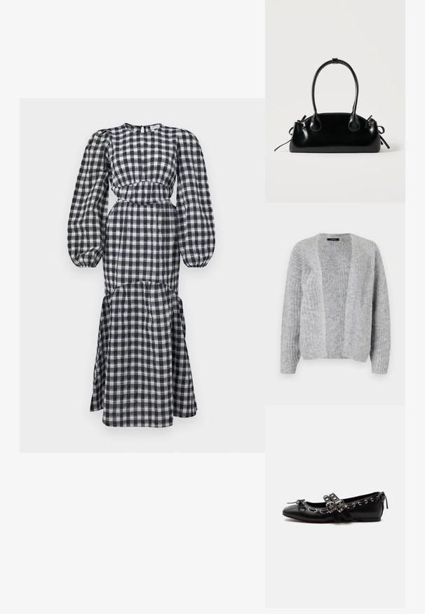 Vero Moda VMNOVAH - Strickjacke - medium grey; Schwarz-weiß kariertes Kleid mit langen Puffärmeln, taillierter Taille und gestuftem Rock. Hergestellt aus leichtem Stoff. Rundhalsausschnitt.; Schwarzer flacher Ballettschuh mit doppelten Schnallenriemen, silbernen Ösen und einer kleinen Schleife nahe der abgerundeten Spitze auf weißem Hintergrund.; Kleine schwarze glänzende Handtasche mit zwei langen Griffen und seitlichen Kordelzug-Details vor einfachem hellem Hintergrund.
