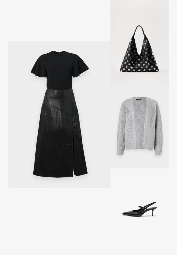 Vero Moda VMNOVAH - Cardigan - medium grey; Sort kjole med korte flagrende ærmer, en tætsiddende bodice og en lang nederdel i kunstlæder med en asymmetrisk søm og foran slids.; Sorte læder slingback hæle med spids tå, slank justerbar rem og en stiletto hæl på cirka 5 cm, glat tekstur.; Sort lædertaske med en trekantet form, udstyret med sølvfarvede metallic prikker og et tekstureret håndtag. Generelt glat finish.