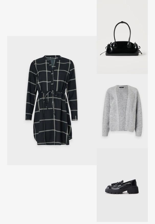 Vero Moda VMNOVAH - Cardigan - medium grey; Sort kjole med et gittermønster i hvid, lange ærmer, knaplukning foran og beltedolkning for justerbar pasform. Glat stoftekstur.; Sorte læder loafers med en klumpet, bølget sål, der har en dekorativ kvast på forsiden og en glat, blank overflade.; Lille sort blank håndtaske med to lange håndtag og snøre-detaljer i siden på en ensfarvet lys baggrund.