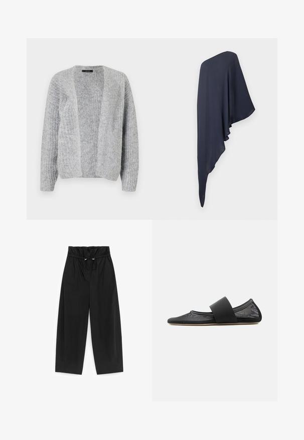 Vero Moda VMNOVAH - Vest - medium grey; Donker marineblauwe asymmetrische jurk met één schouder en een vloeiende, ongelijkmatige zoom op een effen lichte achtergrond.; Zwarte wijde broek met een hoge elastische tailleband en verstelbare koordsluiting, gemaakt van gladde stof.; Zwarte platte schoen van mesh met afgeronde neus en brede elastische band over de wreef, zijaanzicht op effen achtergrond.