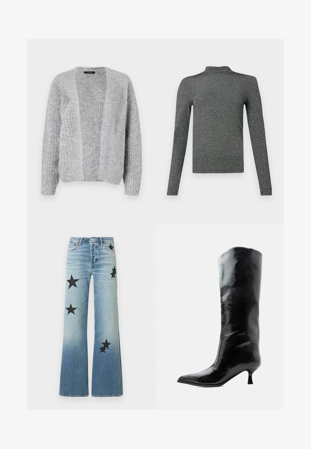 Vero Moda VMNOVAH - Cardigan - medium grey; Grå ribbet langærmet top med en mock neck. Har et tætsiddende design og struktureret overflade, der giver en subtil glans.; Lyseblå vidde jeans med sorte stjernepatches på forreste lår og underben, med forlommer og knaplukning.; Sort skinnende knæhøj læderstøvle med spids tå og lav buet hæl på en ensfarvet lys baggrund.