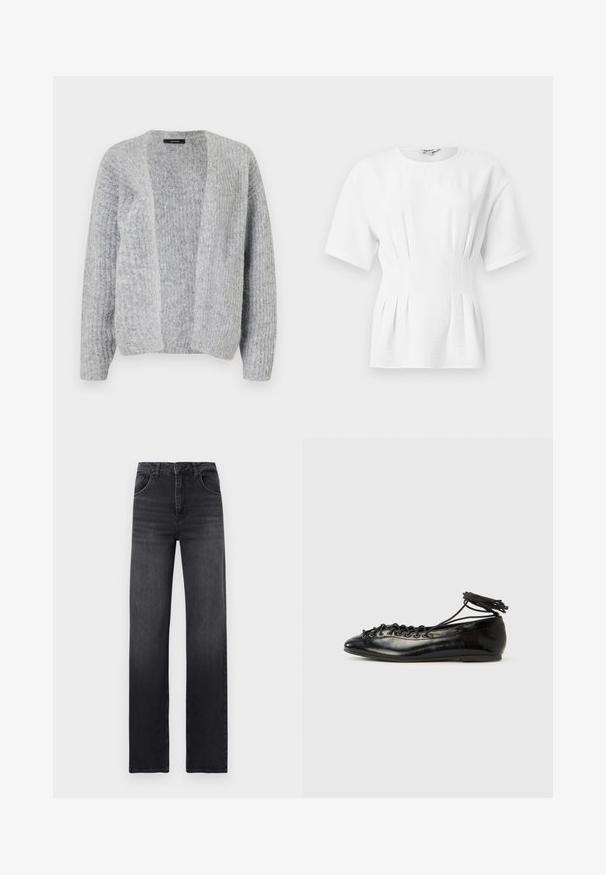 Vero Moda VMNOVAH - Strickjacke - medium grey; Weißes, kurzärmeliges, figurnahes Oberteil mit gerafften Seitenfalten und rundem Halsausschnitt.; Schwarz gefärbte, hoch geschnittene Jeans mit geradem Bein, vorne Taschen, Gürtelschlaufen und dezenten Verwaschungen an den Oberschenkeln.; Schwarze Ballerinas aus Lackleder mit runder Spitze, Schnürdesign und flacher Sohle. Glatte Textur mit minimaler Verzierung.