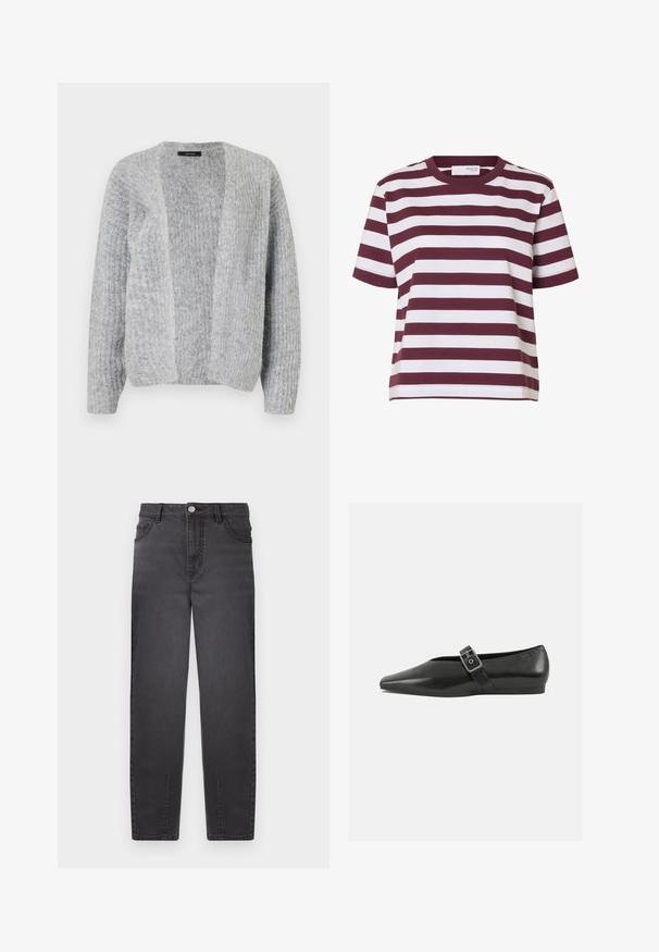 Vero Moda VMNOVAH - Strickjacke - medium grey; Kurzärmeliges T-Shirt mit Rundhalsausschnitt und breiten horizontalen weißen und dunkelroten Streifen.; Schwarze Jeans aus Denim mit hoher Taille, geradem Bein, zwei Vordertaschen und silberner Knopfverschluss. Glatte Textur mit subtiler Helligkeit.; Schwarze Lederflachschuhe mit spitzem Zehenbereich, ausgestattet mit einem metallischen Riemen über dem Spann und einer niedrigen, flexiblen Sohle.