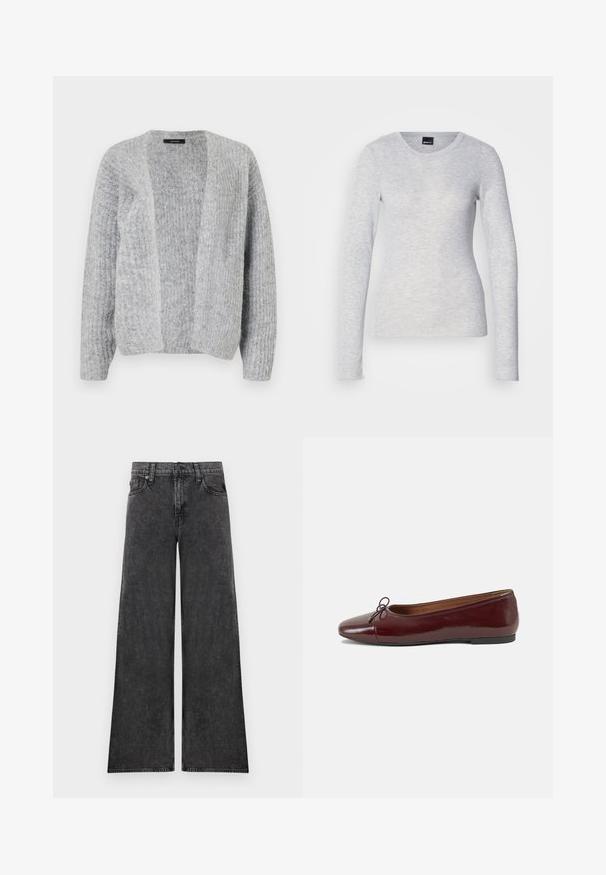 Vero Moda VMNOVAH - Kardigan - medium grey; Pikad varrukad, hall tipp, kergetest materjalidest, ümar täiskasvanu kaelusega ja pehme tekstuuriga; omab kergelt laienevaid varrukaääre.; Mustad laia säärega teksapüksid, millel on viis taskut ja nööpidega kinnitamine, laotatud valgele taustale.; Burgundi patendnahk kingad balletitüüpi, ümmarguse ninaosa, ees väike paelaaktsent ja madal must kummist tald. Sile tekstuur.