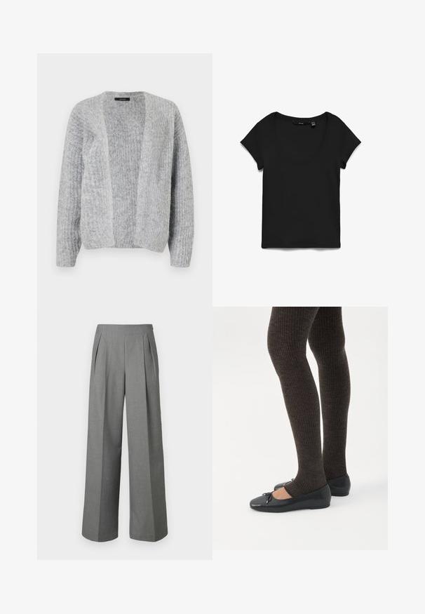 Vero Moda VMNOVAH - Kardigan - medium grey; Must lühikeste varrukatega ümara kaelusega t-särk, mis on laotatud valgele taustale, näidates esikülge ja kangastekstuuri.; Kõrge vöökohaga laiade säärega hallid püksid, esikokkupandud lõhede ja küljetõmblukuga, valmistatud tekstuurse kangaga.; Jalad seljas tumedad soonelises soonelises kombines mustade baleriinadega, millel on väikesed paelade detailid valgel taustal.