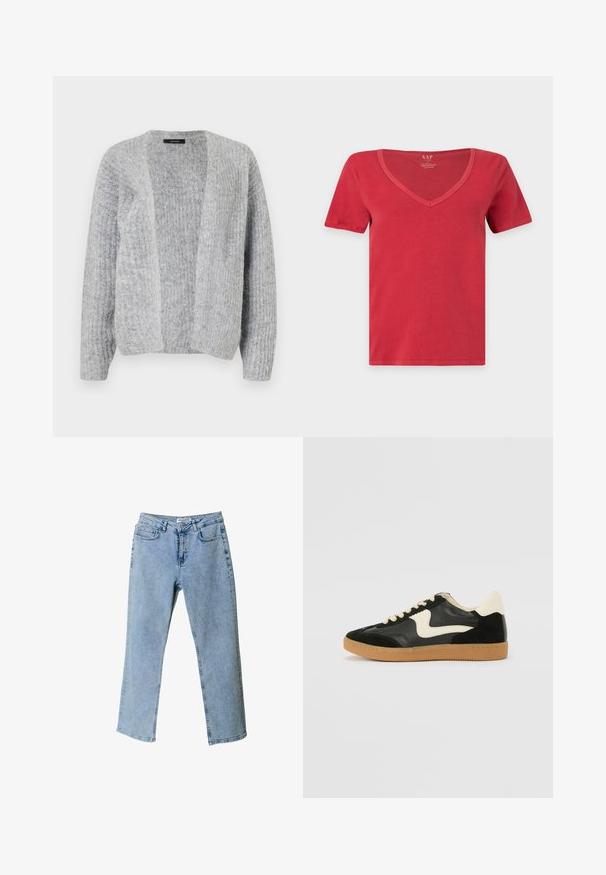 Vero Moda VMNOVAH - Kardigan - medium grey; Punane lühikeste varrukatega V-kaelusega T-särk, lihtsa disainiga, nähtavate mustrite või graafikata, esitatud valgel taustal.; Heledad sinise denimi pükse, otse jala disainiga, viie taskuga ja vööümbruse etiketiga. Omab kulunud kohti tekstuuri jaoks.; Must musta ja nahast sneakersid, millel on koorevärvi külgsuund ja hele koorik. Omab beeži paelu ja kummi kummist välistalla.