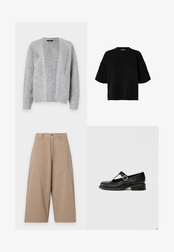 Vero Moda VMNOVAH - Kardigan - medium grey; Must lühikeste varrukatega lahtise lõikega t-särk, millel on ümar kaelus ja langevad õlad, valgel taustal.; Khaki laiad püksid, mis on valmistatud puuvillast, kõrgendatud vöökohaga, esi-taskutega ja ühe nööbiga sulgemisega. Sile tekstuur ja sirge lõige.; Mustast nahast Mary Jane king ümmarguse nina, T-ristikujuline rihm, reguleeritava pandlaga ja madala virnastatud kontsaga. Sile tekstuur, minimaalse disainiga.