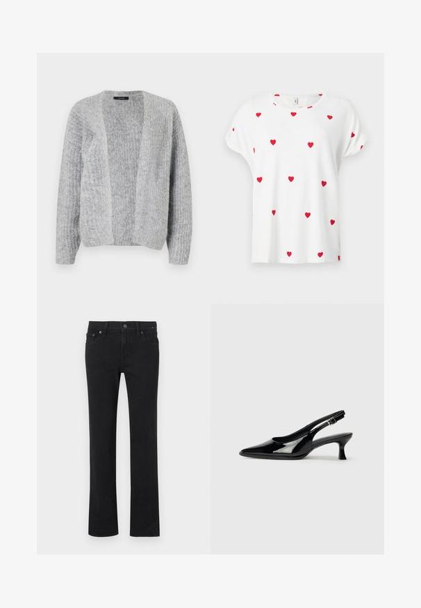 Vero Moda VMNOVAH - Vest - medium grey; Wit shirt met korte mouwen en ronde hals, versierd met gelijkmatig verspreide kleine rode hartjes op de voorkant en mouwen.; Zwarte jeans met rechte pijpen, een knoop- en ritssluiting aan de voorkant, riemlussen en voor- en achterzakken, plat neergelegd op een witte achtergrond.; Zwarte lakleren slingback schoenen met een spitse neus en een lage blokhak. Verstelbare gespband bij de enkel.
