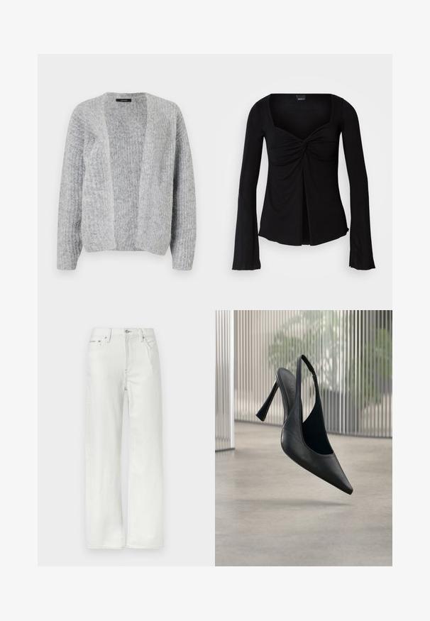Vero Moda VMNOVAH - Cardigan - medium grey; Sort langærmet bluse med firkantet udskæring, samlet twist-detajle ved brystet og flagrende ærmeslutter. Glat materiale med en tætsiddende silhuet.; Hvide jeans med lige ben, for- og baglommer, bæltestropper, knaplukning og synlige syningsdetaljer.; Sort læder slingback stilet hælsko med spids tå, svævende over en glat beton gulv og vertikal metal panel baggrund.