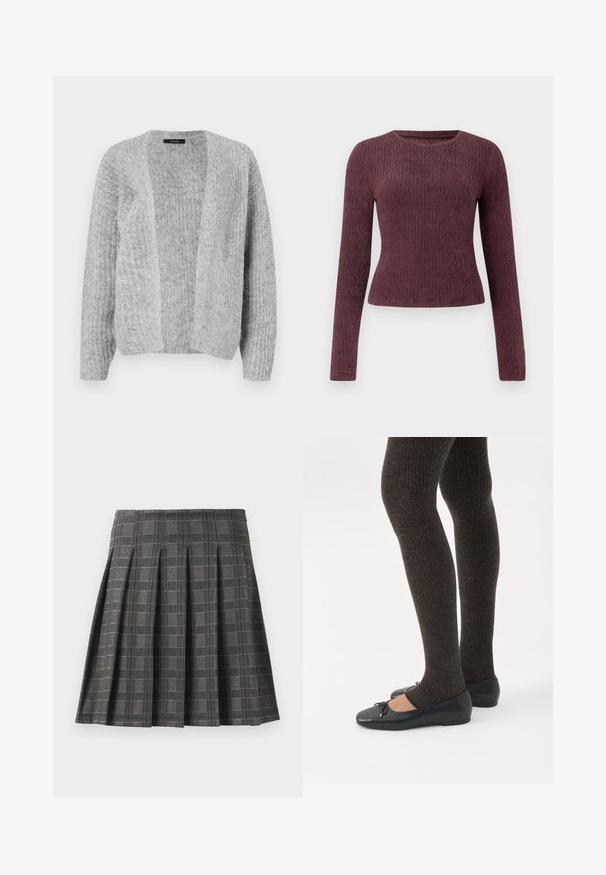 Vero Moda VMNOVAH - Cardigan - medium grey; Langærmet, ribbet top i dyb burgunder. Har en rund halsudskæring og tætsiddende silhuet. Fremstillet af blødt, tekstureret stof.; Plisseret nederdel i et gråt ternet mønster, lavet af et tekstureret stof. Har lodrette pliser og en lige kant.; Ben iført mørke ribbede leggings kombineret med sorte balletsko med små sløjfedetaljer på hvid baggrund.