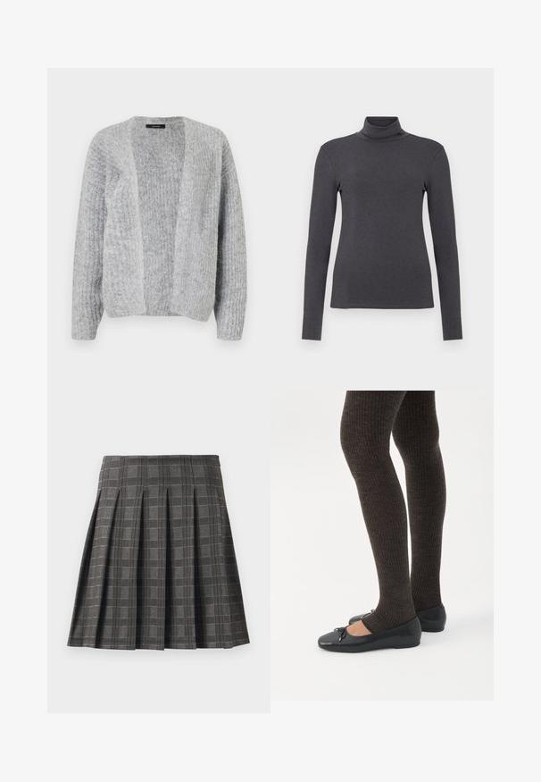 Vero Moda VMNOVAH - Cardigan - medium grey; Mørkegrå turtleneck med lange ærmer, lavet af et blødt stof. Har en tætsiddende pasform og minimal syning.; Plisseret nederdel i et gråt ternet mønster, lavet af et tekstureret stof. Har lodrette pliser og en lige kant.; Ben iført mørke ribbede leggings kombineret med sorte balletsko med små sløjfedetaljer på hvid baggrund.