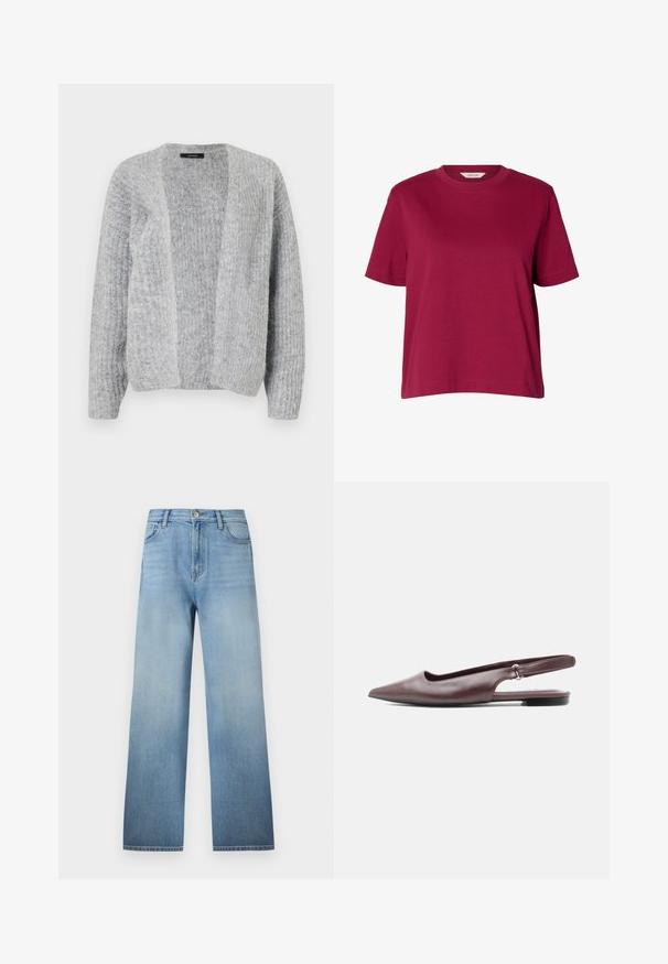 Vero Moda VMNOVAH - Kardigan - medium grey; Lihtne lühikeste varrukatega tumepunane ümara kaelusega T-särk, lahtise lõikega, esitatud valgel taustal.; Hele-sinised sirge lõikega teksapüksid viie tasku disainiga, vööaasadega, nööpidega kinnine ja kerge vaigistus vöökohast ääreni.; Veinipunane terava ninaga madal kontsaga rihmikkingaga lame king valgel taustal.