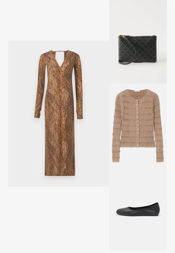 Beige geribde cardigan van zachte stof, met een ronde halslijn en knoopsluiting, voorzien van een textuurpatroon en lange mouwen.; Lang mouw jurk met een V-hals en een sleutelgat achterkant, met een vachtachtige bruine textuur en patroon door de stof.; Zwarte leren ballerina met een ronde neus, gladde textuur, minimale stikdetails en een flexibele zoolontwerp.; Zwarte polstas met grijs diamantenpatroon, gouden ritssluiting en afneembare band op een effen lichte achtergrond.