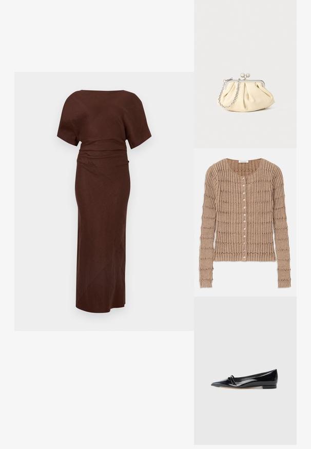 Beige geribde cardigan van zachte stof, met een ronde halslijn en knoopsluiting, voorzien van een textuurpatroon en lange mouwen.; Bruine, korte mouw, enkel-lange jurk met een boothals en een geplooide taille op een effen achtergrond.; Zwarte gepatenteerde leren platte schoen met een puntige neus, een kleine decoratieve band en een lage blokhak. Gladde textuur en strak ontwerp.; Geplooide beige leren clutch met een zilveren metalen frame, voorzien van twee ronde decoratieve sluitingen en een zilveren kettingriem.