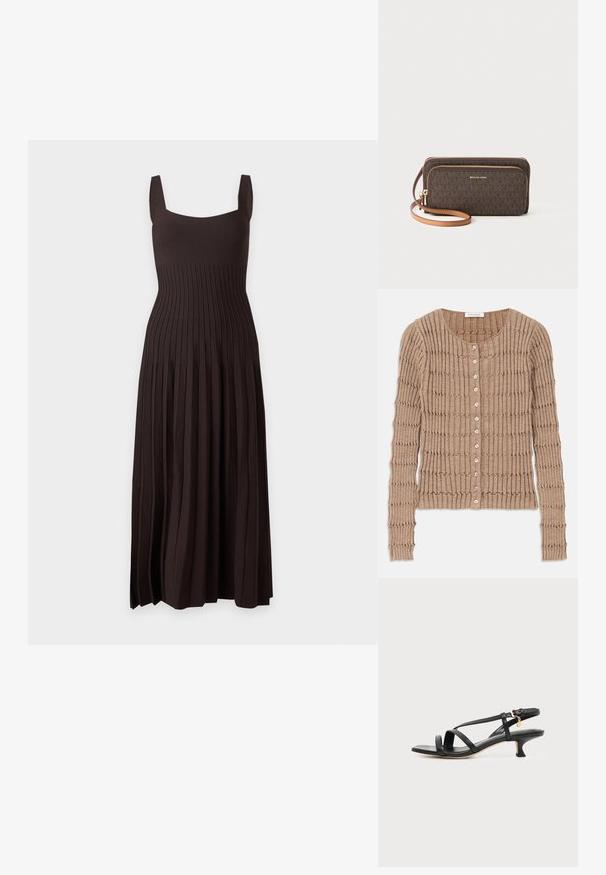 Beige geribde cardigan van zachte stof, met een ronde halslijn en knoopsluiting, voorzien van een textuurpatroon en lange mouwen.; Mouwloze donkerbruine midi-jurk met vierkante halslijn en verticale geribde gebreide textuur die zich uitstrekt van taille tot zoom.; Zwarte leren sandaal met smalle bandjes, lage kittenhak, enkelriempje en een klein gouden hangertje tegen een effen lichte achtergrond.; Bruine portemonnee met een patroon, met een ritssluiting, gouden hardware en een afneembare tan schouderband. Bevat het "MICHAEL KORS" logo aan de voorkant.
