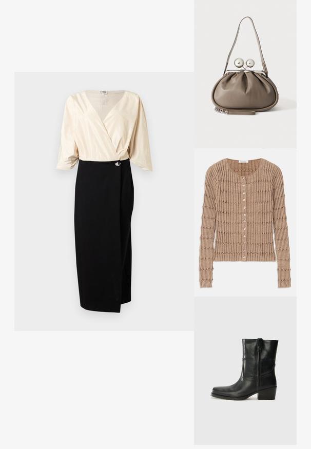 Beige ribbet cardigan lavet af blødt stof, med rund halsudskæring og knaplukning, med et struktureret mønster og lange ærmer.; Kremfarvet slå-om-bluse med 3/4-ærmer kombineret med høj talje sort midinederdel med asymmetrisk frontoverlæg og sølvknap.; Sort læder ankelstøvle med rundt tå, blokhæl, lynlås i siden og stikninger på vampsiden. Glat tekstur, klassisk design.; Grå læderhåndtaske med rundet form, toplås med to store sølvkugler og en enkelt strop.