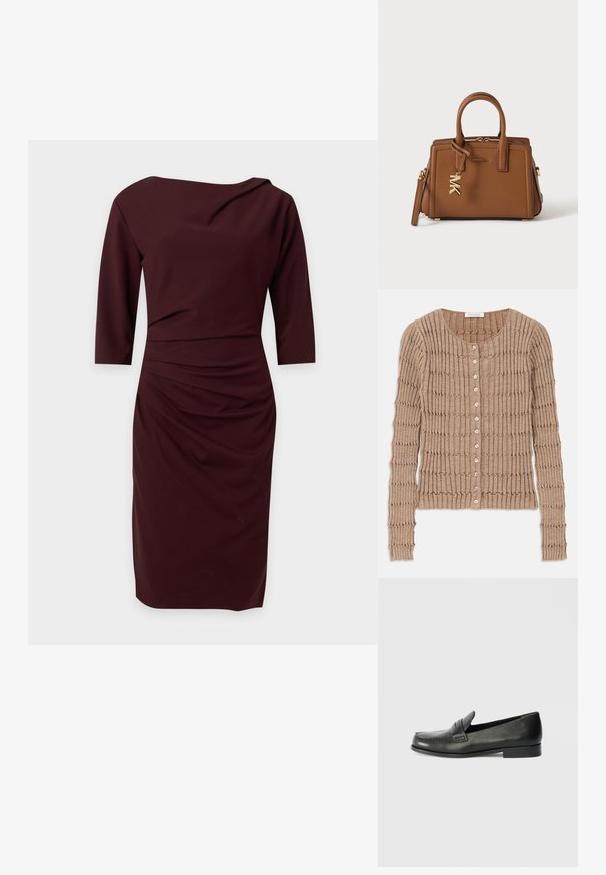 Beige ribbet cardigan lavet af blødt stof, med rund halsudskæring og knaplukning, med et struktureret mønster og lange ærmer.; Mørk vinrød knælang kjole med trekvartærmer og subtil opsamling ved talje og halsudskæring.; Sorte læder loafers med en rund tå, forhøjede syningsdetaljer og en lav, stablet hæl. Glat tekstur med en subtil glans.; Brun lædertaske fra Michael Kors med dobbelte håndtag, gyldent MK-logo vedhæng og lynlåslukning øverst på en enkel hvid baggrund.