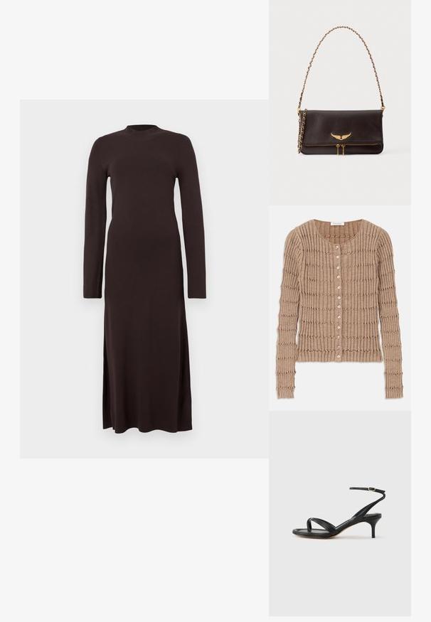 Beige ribbet cardigan lavet af blødt stof, med rund halsudskæring og knaplukning, med et struktureret mønster og lange ærmer.; Brun, langærmet strikket kjole med høj halsudskæring og sideslids. Glat tekstur og tætsiddende silhuet. Enkel og minimalistisk design.; Sort damesandal i læder med tynde remme, en tå-loop, ankelspænde og en mellemhøj stiletthæl på en neutral baggrund.; Mørkebrunt læder skuldertaske med guldkæde-rem, gyldent vinget emblem på klappen og dobbelt guldlukning nederst foran.