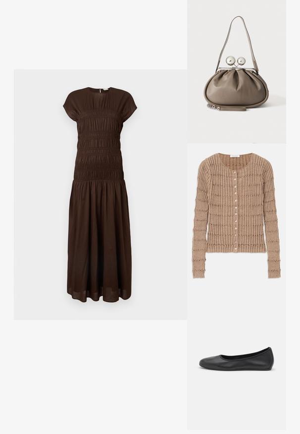 Cárdigan de canalé beige hecho de una tela suave, con un cuello redondo y cierre de botones, con un patrón texturizado y mangas largas.; Vestido midi marrón con mangas cortas, corpiño fruncido, escote redondo y falda fruncida sobre fondo blanco.; Bailarina de piel negra con punta redondeada, textura suave, detalle de costura minimalista y diseño de suela flexible.; Bolso de mano de cuero gris con forma redondeada, cierre superior con dos grandes esferas plateadas y una sola asa de correa.