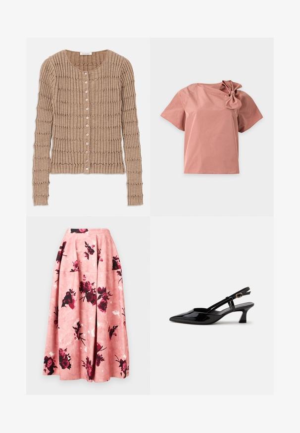 Beige Rippen-Strickjacke aus weichem Material, mit rundem Ausschnitt und Knopfverschluss, versehen mit einem strukturierten Muster und langen Ärmeln.; Rosa Kurzarmbluse mit einer großen Schleifenapplikation auf der rechten Schulter, dargestellt vor einem schlichten weißen Hintergrund.; Rosa Blumen-Midi-Rock aus glattem Stoff. Begeistert mit dunkelroten Rosen und abstrakten Mustern. In A-Linie geschnitten, mit Falten an der Taillenlinie.; Schwarzer Slingback-Pumps aus Lackleder mit spitzer Spitze und verstellbarem goldfarbenem Riemen auf weißem Hintergrund.