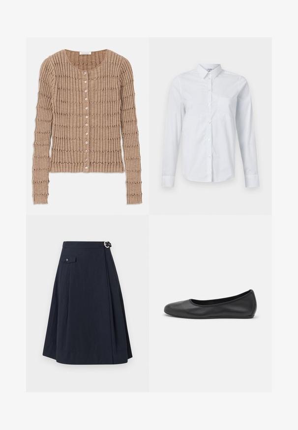 Beige Rippen-Strickjacke aus weichem Material, mit rundem Ausschnitt und Knopfverschluss, versehen mit einem strukturierten Muster und langen Ärmeln.; Weißes langärmeliges Hemd aus Baumwolle, mit Kragen, durchgehender Knopfleiste und einer einzelnen Brusttasche. Glatte Textur. Kein Muster.; Marineblaue A-Linien-Rock mit seitlichem Knopfverschluss, ausgestattet mit einer Vordertasche und einem glatten, leichten Stoff mit leichtem Glanz.; Schwarze Leder-Ballettschuhe mit abgerundeter Spitze, glatter Textur, minimalen Nähdetails und einem flexiblen Sohlen-Design.