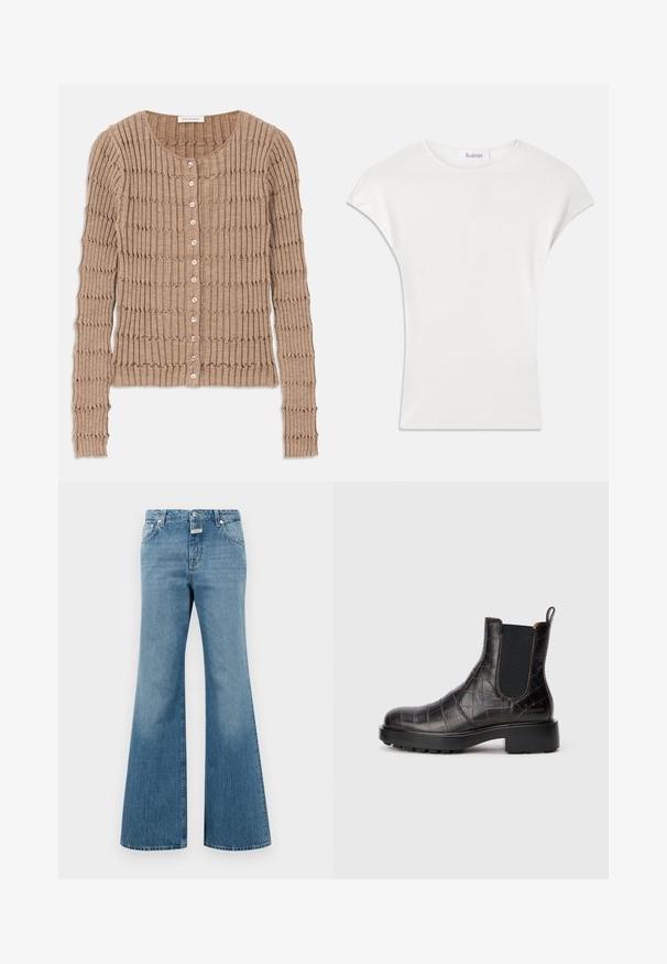 Beige geribde cardigan van zachte stof, met een ronde halslijn en knoopsluiting, voorzien van een textuurpatroon en lange mouwen.; Witte shirt met korte mouwen, gemaakt van zachte, geribbelde stof. Crew halslijn; losse pasvorm met lichte kapmouwen. Merkenlabel zichtbaar bij de halslijn.; Lichtblauwe spijkerbroek met flare, met een middelhoge taille, voorzien van voorzakken, een enkele knoopsluiting en subtiele slijtage-details.; Bruine leren Chelsea-boots met krokodillenstructuur, elastische zijkanten, ronde neus, stevige zwarte zool en branding op de hak.