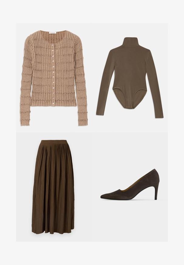 Beige geribde cardigan van zachte stof, met een ronde halslijn en knoopsluiting, voorzien van een textuurpatroon en lange mouwen.; Langsleeve rompertje in donkerbruin stof, met een hoge kraag, een gladde textuur en een scoop back ontwerp met een aansluitende pasvorm.; Bruine geplooide maxi rok met een brede elastische tailleband en een gestructureerde stof, met verticale plooien voor extra detail en flow.; Donkerbruine pump met puntige neus, een gladde afwerking en een smalle hak op een effen lichte achtergrond.