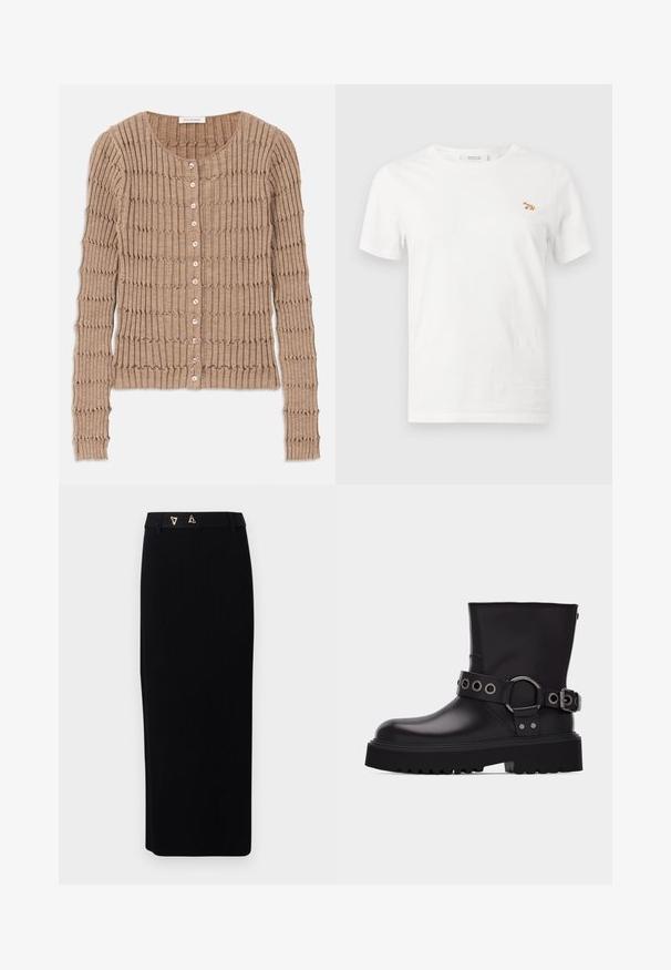 Beige geribde cardigan van zachte stof, met een ronde halslijn en knoopsluiting, voorzien van een textuurpatroon en lange mouwen.; Witte T-shirt met korte mouwen en ronde hals, met een klein geborduurd oranje vosje op de linker borst.; AERON FORUM - Kokerrok - black; Zwarte leren laars tot halverwege de kuit met dikke profielzool, decoratieve riem met zilverkleurige metalen oogjes en gesp aan de zijkant.