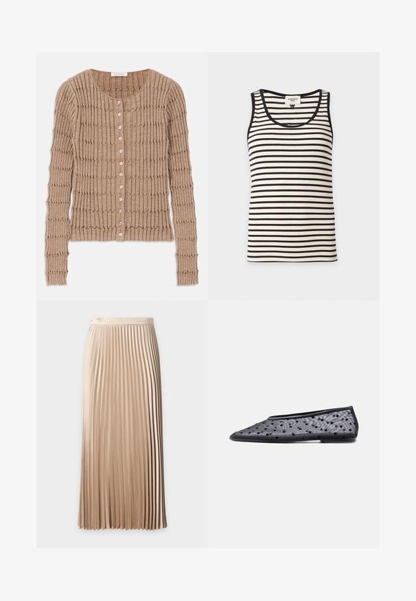 Beige Rippen-Strickjacke aus weichem Material, mit rundem Ausschnitt und Knopfverschluss, versehen mit einem strukturierten Muster und langen Ärmeln.; Ärmelloses, geripptes Tanktop mit schwarzen und weißen horizontalen Streifen und schwarzem Besatz um den Halsausschnitt und die Armlöcher.; Beiger, plissierter Midirock mit hoher Taille, glattem Bund und gleichmäßig verteilten schmalen vertikalen Falten.; Schwarzer flacher Schuh mit spitzer Zehe, transparentem Stoff und schwarzem Polka-Dot-Muster auf hellem Hintergrund.