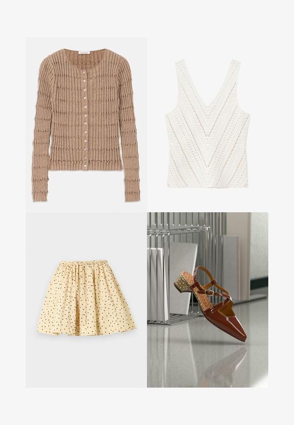 Beige Rippen-Strickjacke aus weichem Material, mit rundem Ausschnitt und Knopfverschluss, versehen mit einem strukturierten Muster und langen Ärmeln.; Weißes ärmelloses Häkel-Top mit V-Ausschnitt und diagonalem Streifenmuster im offenen Strick.; Beiger Rock mit schwarzen Punkten, elastischem Bund mit Raffungen und ausgestelltem, plissiertem Design, flach auf hellem Hintergrund liegend.; Glänzender brauner Slingback-Schuh aus Lackleder mit spitzer Zehe, gekreuzten Riemen und einem gemusterten Blockabsatz mit geometrischen Akzenten.