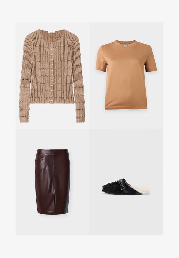 Cárdigan de canalé beige hecho de una tela suave, con un cuello redondo y cierre de botones, con un patrón texturizado y mangas largas.; Camiseta de manga corta color beige con cuello redondo y una pequeña etiqueta gris con la inscripción "MM" en el cuello, exhibida sobre un fondo claro y liso.; Falda lápiz de cuero marrón con una textura suave, que cuenta con dos bolsillos laterales y detalles de costura frontal, diseñada para un ajuste ceñido.; Zapatillas de piel negra con forro de piel blanca y una correa decorativa en cadena. El diseño es de tipo fácil de poner y cuenta con una suela plana.